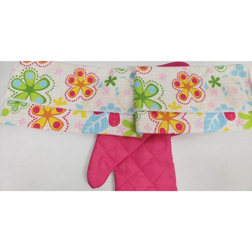 3pc Kitchen Set:1 Pot Holder,1 Oven Mitt,1 Microfiber Towel, Multicolor Flowers,